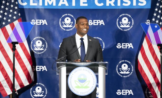 Environmental Protection Agency Administrator Michael Regan speaks about new proposed limits on greenhouse gas emissions from coal- and gas-fired power plants during an event at the University of Maryland on Thursday, May 11, 2023, in College Park, Md. (AP Photo/Nathan Howard)