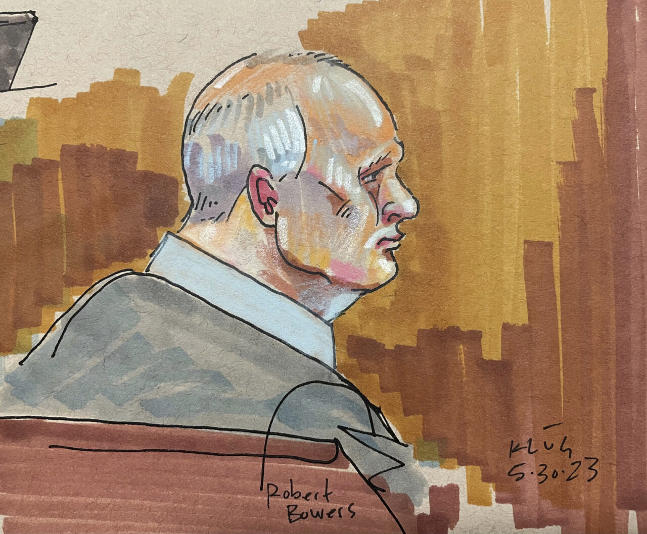 In this courtroom sketch, Robert Bowers, the suspect in the 2018 synagogue massacre, sits in court Tuesday, May 30, 2023, in Pittsburgh. Bowers could face the death penalty if convicted of some of the 63 counts he faces in the shootings, which claimed the lives of worshippers from three congregations who were sharing the building, Dor Hadash, New Light and Tree of Life.