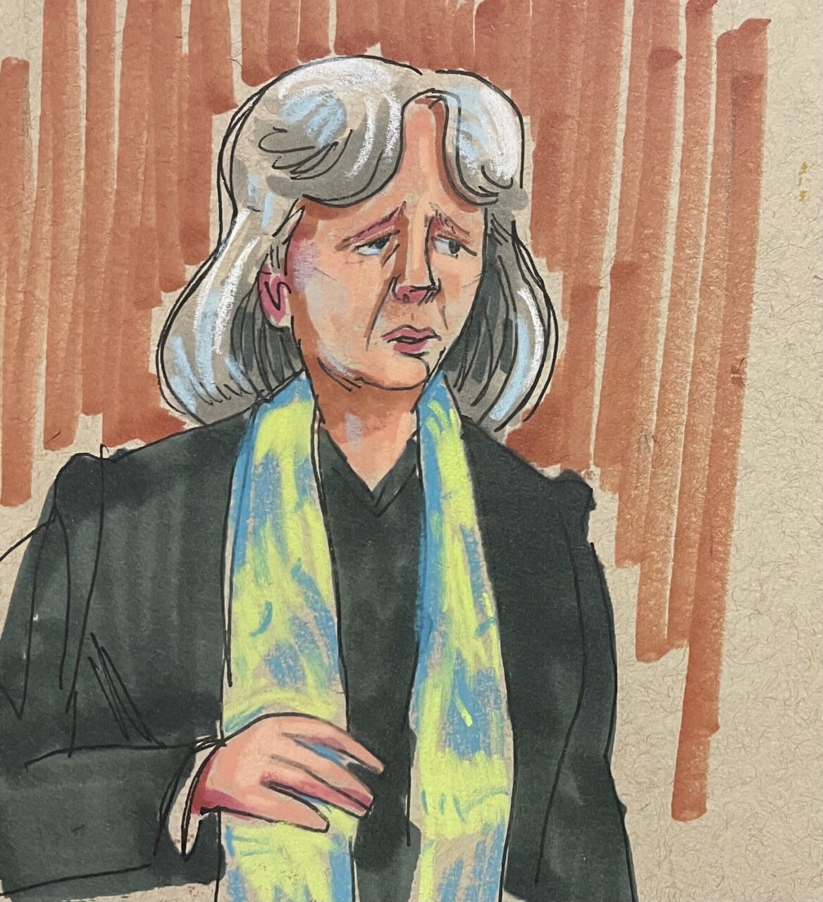 In this courtroom sketch, defense attorney Judy Clarke delivers her opening statement in the federal trial for Robert Bowers, the suspect in the 2018 synagogue massacre, on Tuesday, May 30, 2023