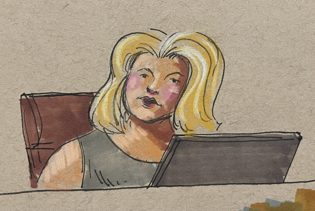 In this courtroom sketch, Shannon Basa-Sabol, the Allegheny County 911 dispatcher who fielded calls from the 2018 synagogue shootings, testifies in the federal trial for suspect Robert Bowers, on Tuesday, May 30, 2023, in Pittsburgh. Bo