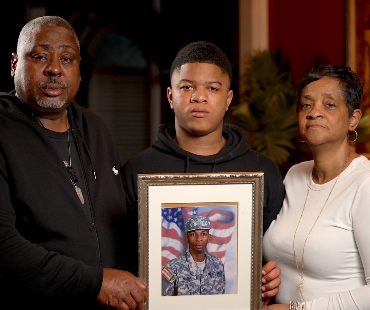 The father, son, and mother of Sgt. Anthony Magee; Tony Davis, Kameron Johnson, and Patricia Magee Davis.