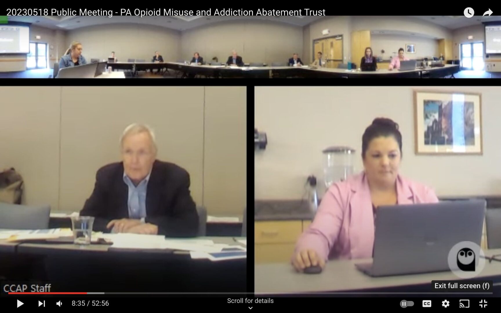 Tom VanKirk, left, is chair of the Pennsylvania Opioid Misuse and Addiction Abatement Trust. He's said the trust intends “to be as transparent as possible.” But he defended holding meetings in secret and barring the public from speaking at meetings. (Screenshot from a video of the board's May 18, 2023, meeting.)