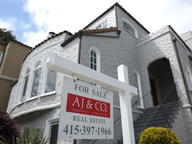 SAN FRANCISCO, CALIFORNIA - MAY 11: A sign is posted in front of a home for sale on May 11, 2023 in San Francisco, California. Home prices in San Francisco have fallen sharply during the first quarter, faster than in other parts of California and the country. The fall in prices comes on the heels of record average home prices of $1.2 million in the middle of 2022. (Photo by Justin Sullivan/Getty Images)