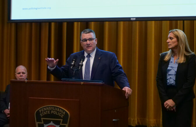 Pennsylvania State Police Commissioner Col. Christopher Paris answers questions from the media after Dr. Robin Engel, senior vice president of the National Policing Institute, presented the analysis of data collected from all trooper-initiated traffic stops in 2022 across Pennsylvania at the Pennsylvania State Police Academy in Hershey on May 23, 2023 