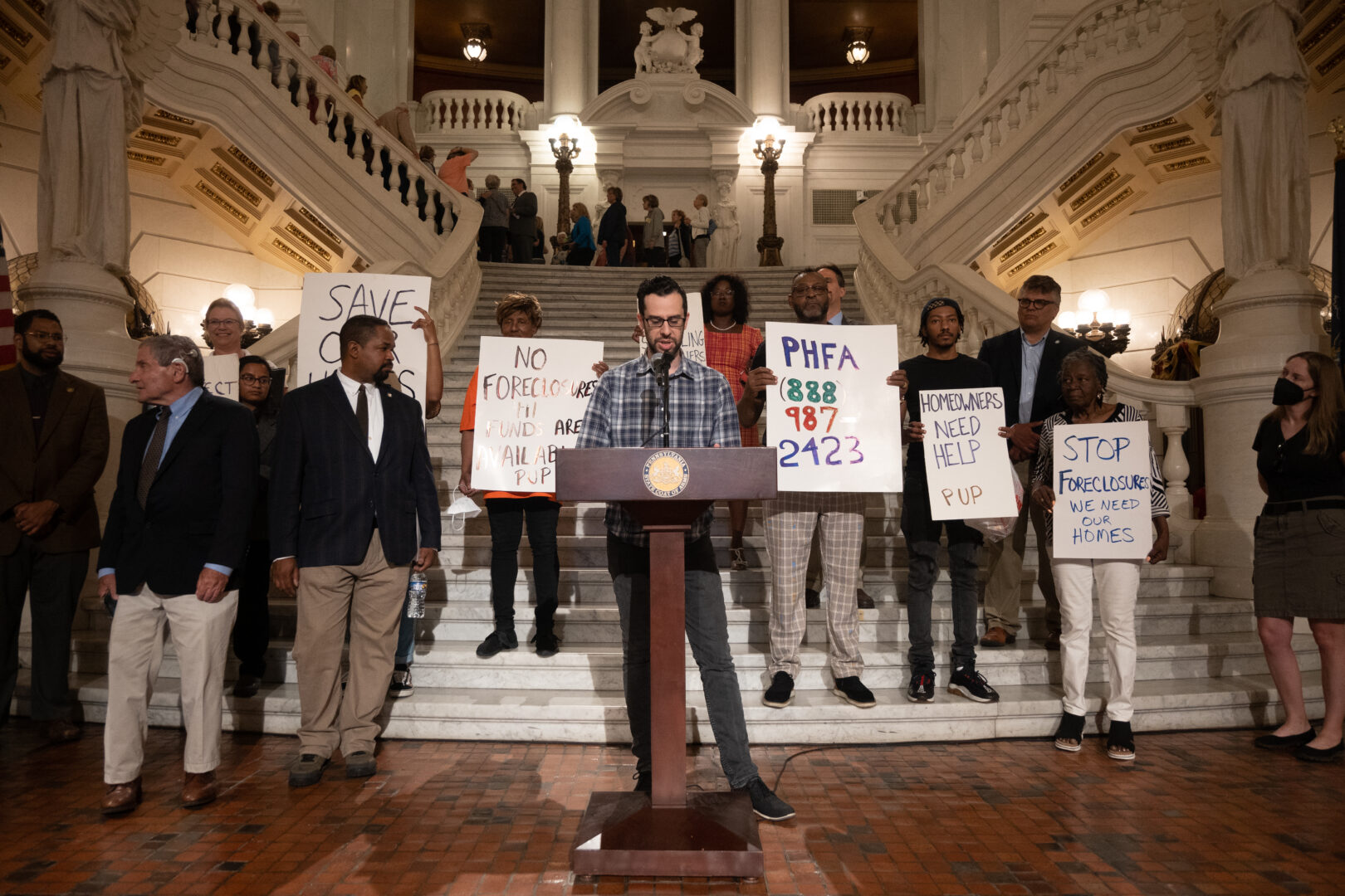 During an event at the state capitol, Adam Goldman, a housing counselor at the Philadelphia Unemployment Project, urged the state to do more to get financial assistance people who've applied to the state's pandemic mortgage relief program.