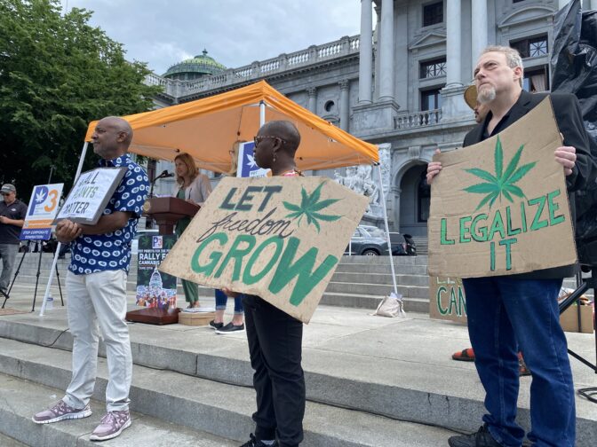 Supporters of legalizing cannabis for adult-use rally outside the state Capitol in Harrisburg on June 27, 2023.