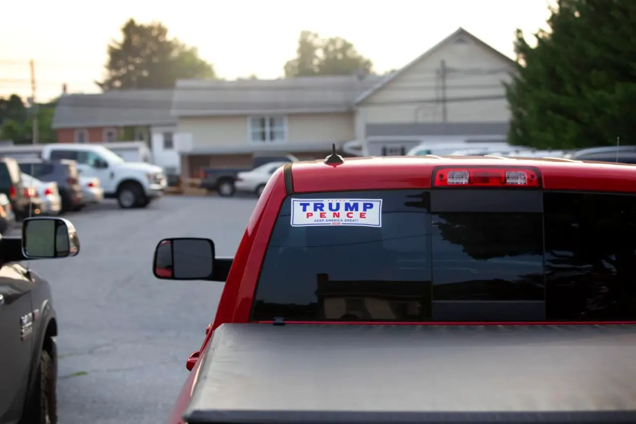 A 2020 election sticker decorates a truck in the parking lot of the Elizabethtown Moose Lodge during the Free PA Capitol Area chapter’s general meeting in Elizabethtown, Pa. on Thursday, July 15, 2021. U.S. Rep. Lloyd Smucker was speaking at the conservative group’s event as a guest speaker.