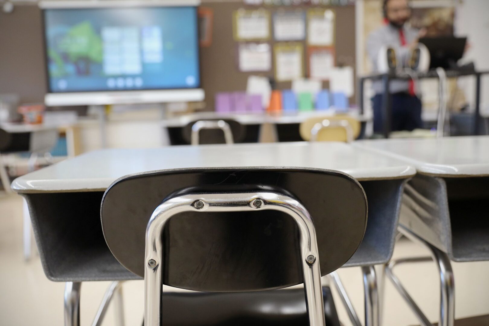 Desks and chairs sit empty in a classroom at Loring Flemming Elementary School in Blackwood, New Jersey.
