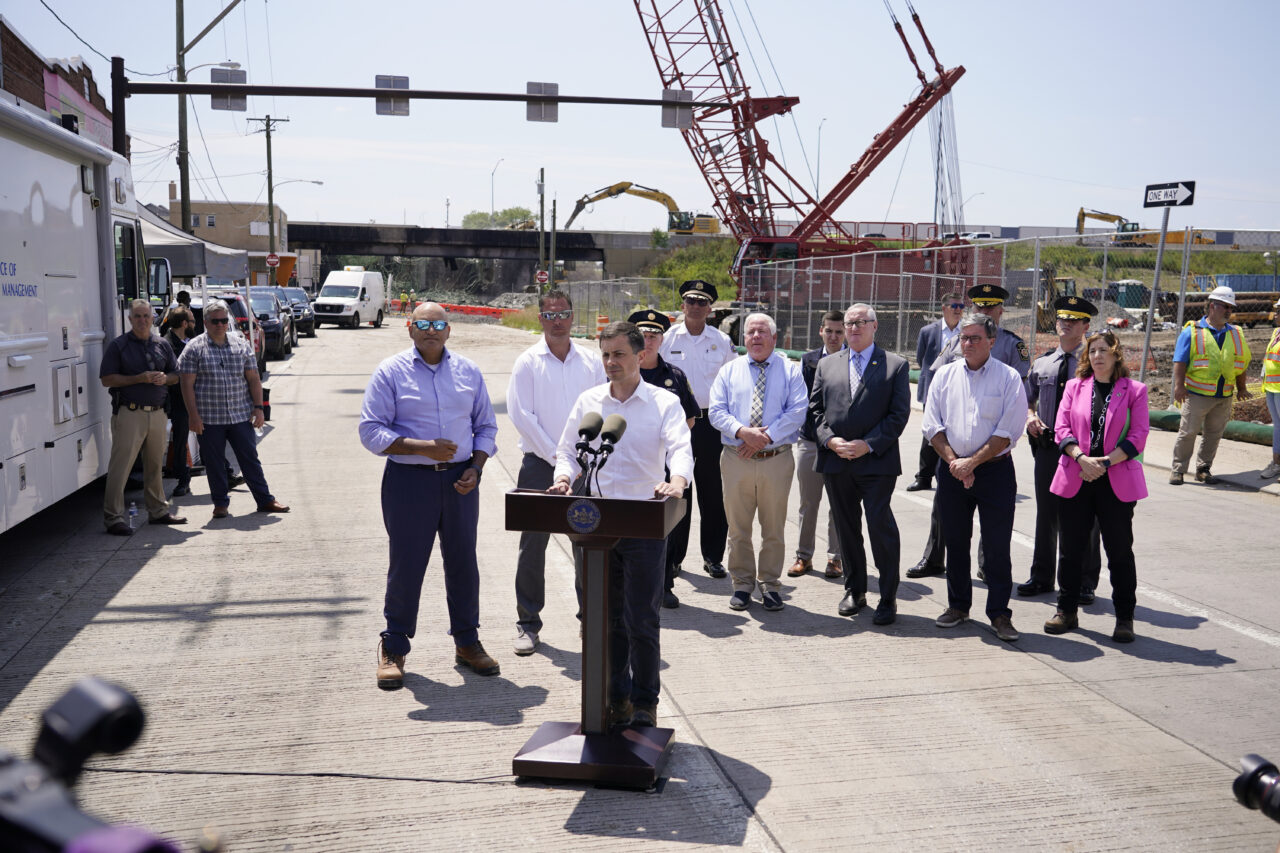 Transportation Secretary Pete Buttigieg speaks with members of the media at scene of a collapsed elevated section of Interstate 95, in Philadelphia, Tuesday, June 13, 2023. (AP Photo/Matt Slocum)