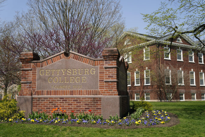 A sign for Gettysburg College stands on April 7, 2021, in Gettysburg, Pa.