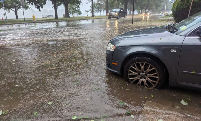 A thunderstorm in Harrisburg on June 3, 2023 caused minor flooding on Front Street at Boas Street. 