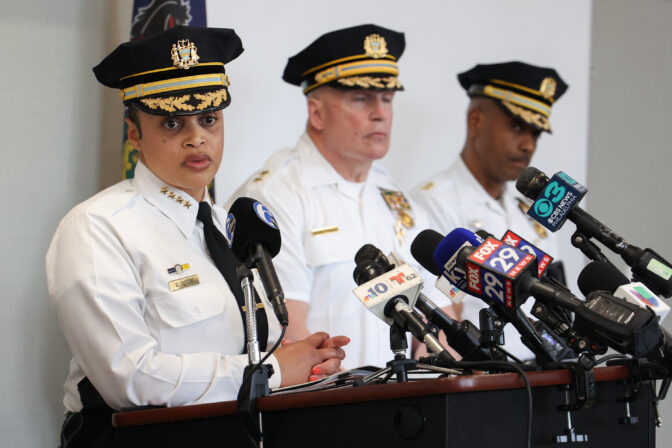 Philadelphia Police Commissioner Danielle Outlaw detailed multiple incidents of dangerous racing and car meetups in the city over the weekend at a press conference at State Police headquarters on June 5, 2023.