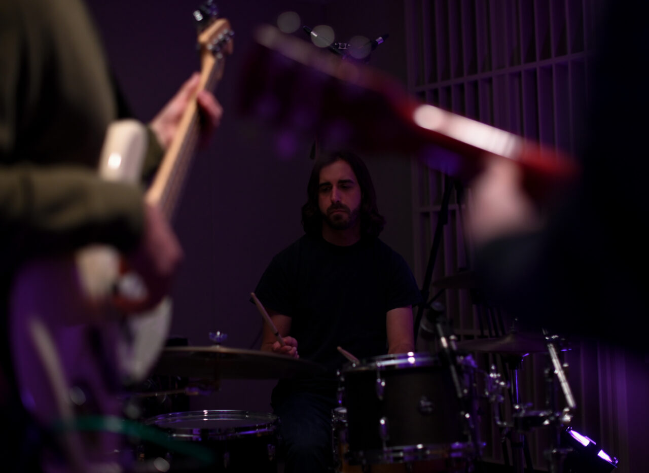 Joel Stoltzfus plays drums as the Benjamin Vo Blues Band performs for WITF Music on April 27, 2023 (Jeremy Long - WITF)