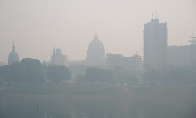 The state capitol building is shrouded in a haze as smoke from Canadian wildfires filtered into Pennsylvania on June 8, 2023. The smoke degraded air quality across Pennsylvania and other states in the northeast. Jeremy Long - WITF News