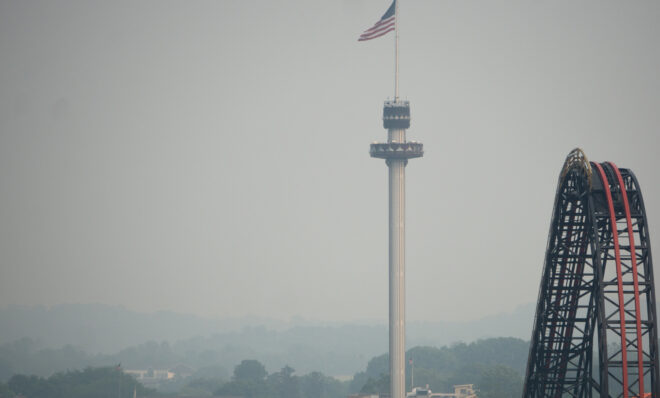 The Kissing Tower is shrouded in a haze at Hersheypark as smoke from Canadian wildfires filtered into Pennsylvania on June 8, 2023. The smoke degraded air quality across Pennsylvania and other states in the northeast. Jeremy Long - WITF News