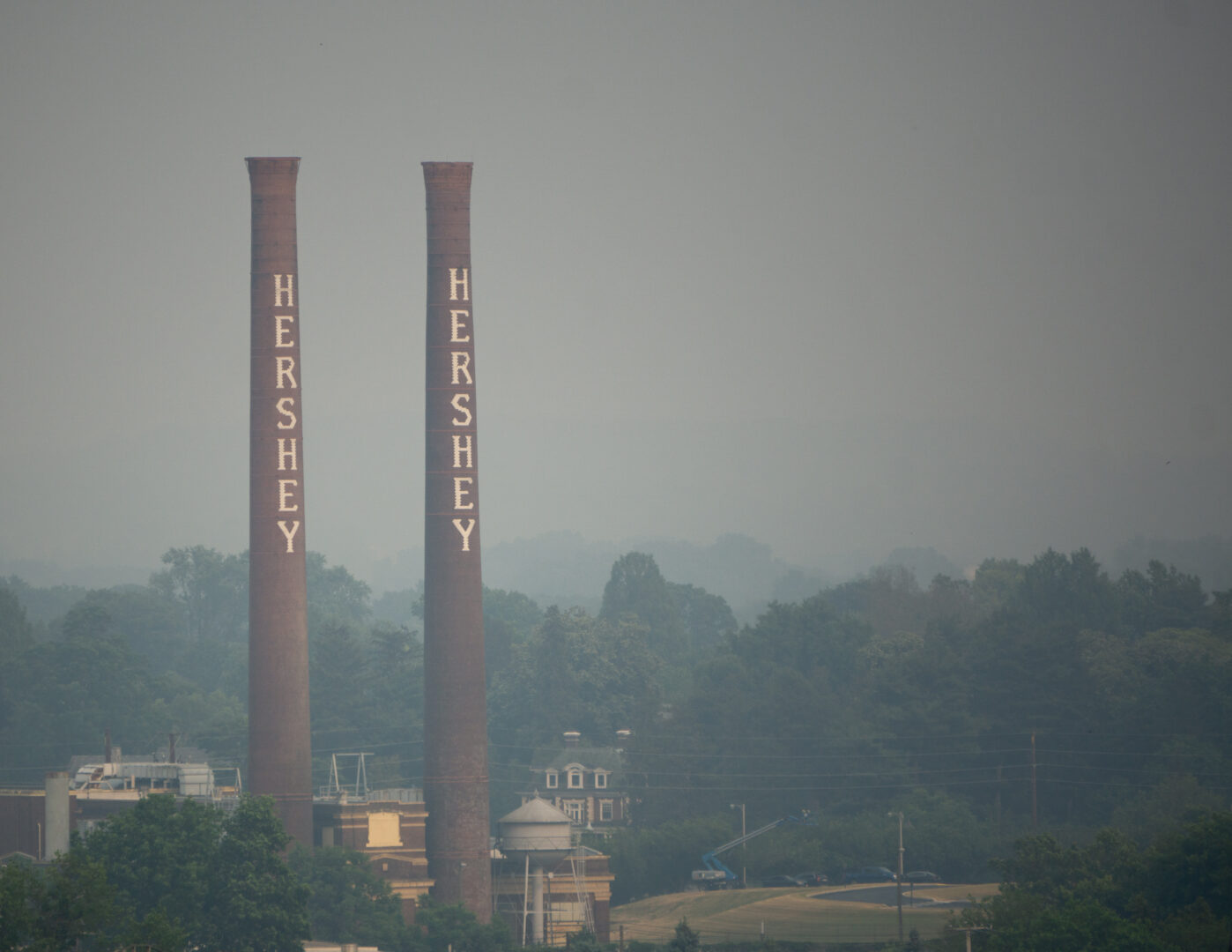 Haze hangs over Hershey and Hersheypark as smoke from Canadian wildfires filtered into Pennsylvania on June 8, 2023. The smoke degraded air quality across Pennsylvania and other states in the northeast.