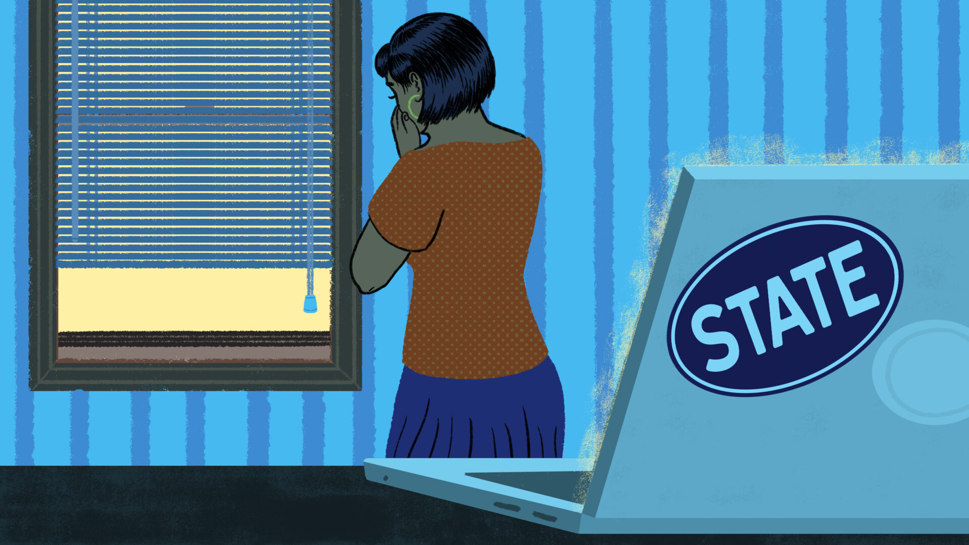 A woman is turned toward a window crying next to a laptop with a “State” sticker.