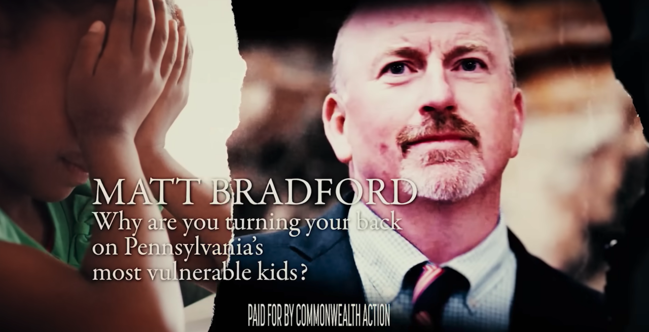 A screenshot from an ad against state House Majority Leader Matt Bradford paid for by the dark money group Commonwealth Action.