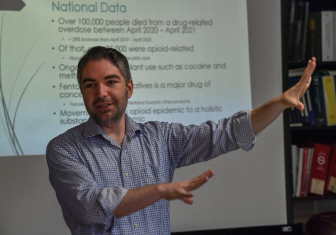 Dr. Thomas Franko, Wilkes University Associate Professor of Pharmacy Practice, speaks to first responders about fentanyl and the opioid epidemic in Wilkes-Barre on April 14.