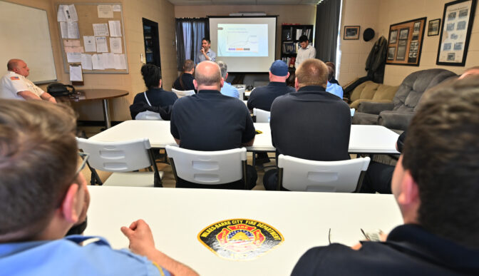 First responders attend a presentation on fentanyl exposure and the science of addiction at the Wilkes-Barre Fire Department. The Wilkes University Pharmacy Practice held a series of Q&A sessions this spring.

