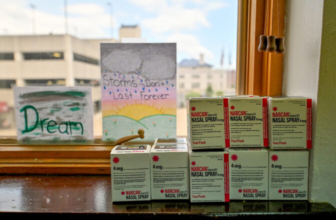 Boxes of Narcan, a brand of nasal spray naloxone, sit on a windowsill. The medication reverses an opioid overdose.