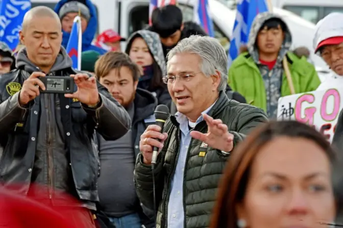 Frank Scavo, 58, of Lackawanna County, speaks to a crowd of more than 100 protesters outside House Speaker Bryan Cutler's office in East Drumore Township on Dec. 30, 2020. Scavo and others were there to urge the state House's top Republican to overturn Joe Biden's election victory in Pennsylvania. Scavo appeared in federal court on Thursday in Scranton to face 4 misdemeanor charges for his involvement in the Jan. 6 attack on the U.S. Capitol by Trump supporters hoping to disrupt Congress' certification of the election results.