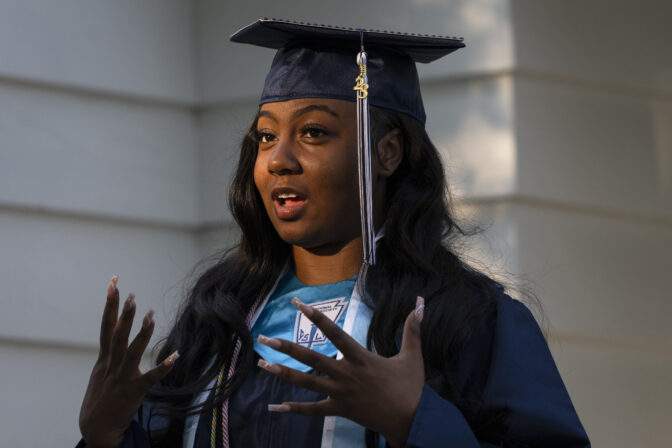 Nylla Miller speaks during an interview with The Associated Press before she departs for her high school graduation ceremony from her home in Aldan, Pa., Thursday, June 15, 2023.