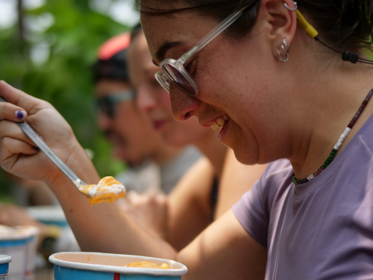 Yvette "Milkweed" Furnia, 36, of Orange County, New York takes part in the half gallon challenge at the Pine Grove Furnace store on Tuesday, July 18, 2023.