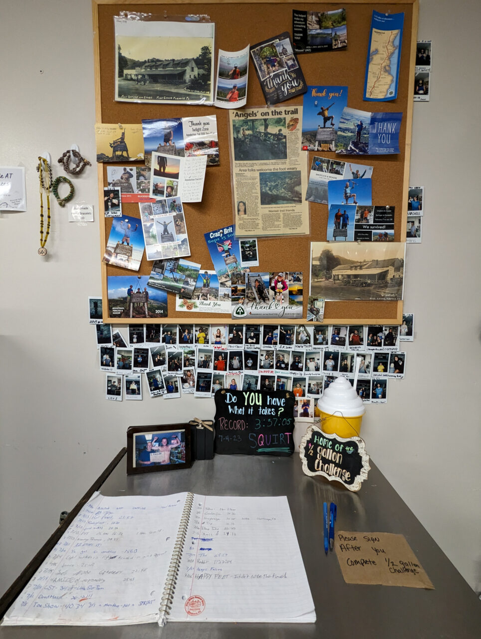 Photos of Appalachian Trail hikers who completed the half-gallon challenge are displayed at the Pine Grove Furnace store on Tuesday, July 18, 2023.
