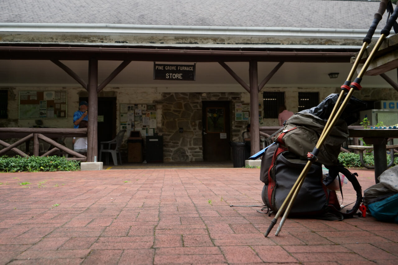 An Appalachian Trail hiker's pack sits at the Pine Grove Furnace store on Tuesday, July 18, 2023.