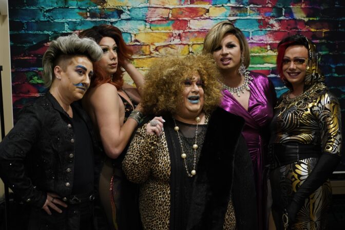 Members of the Daniels drag family pose for a photograph during their "Daniels Family Values" drag show at the Heritage Restaurant in Shamokin, Pa., Saturday, April 16, 2022.