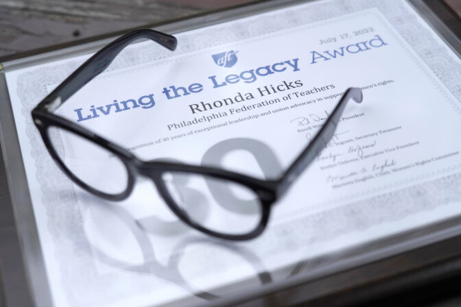 The Living the Legacy award given to Rhonda Hicks is shown at her home in Philadelphia, Thursday, July 20, 2023. The award is from the American Federation of Teachers in recognition of 30 years of exceptional leadership and union advocacy in support of women's rights.