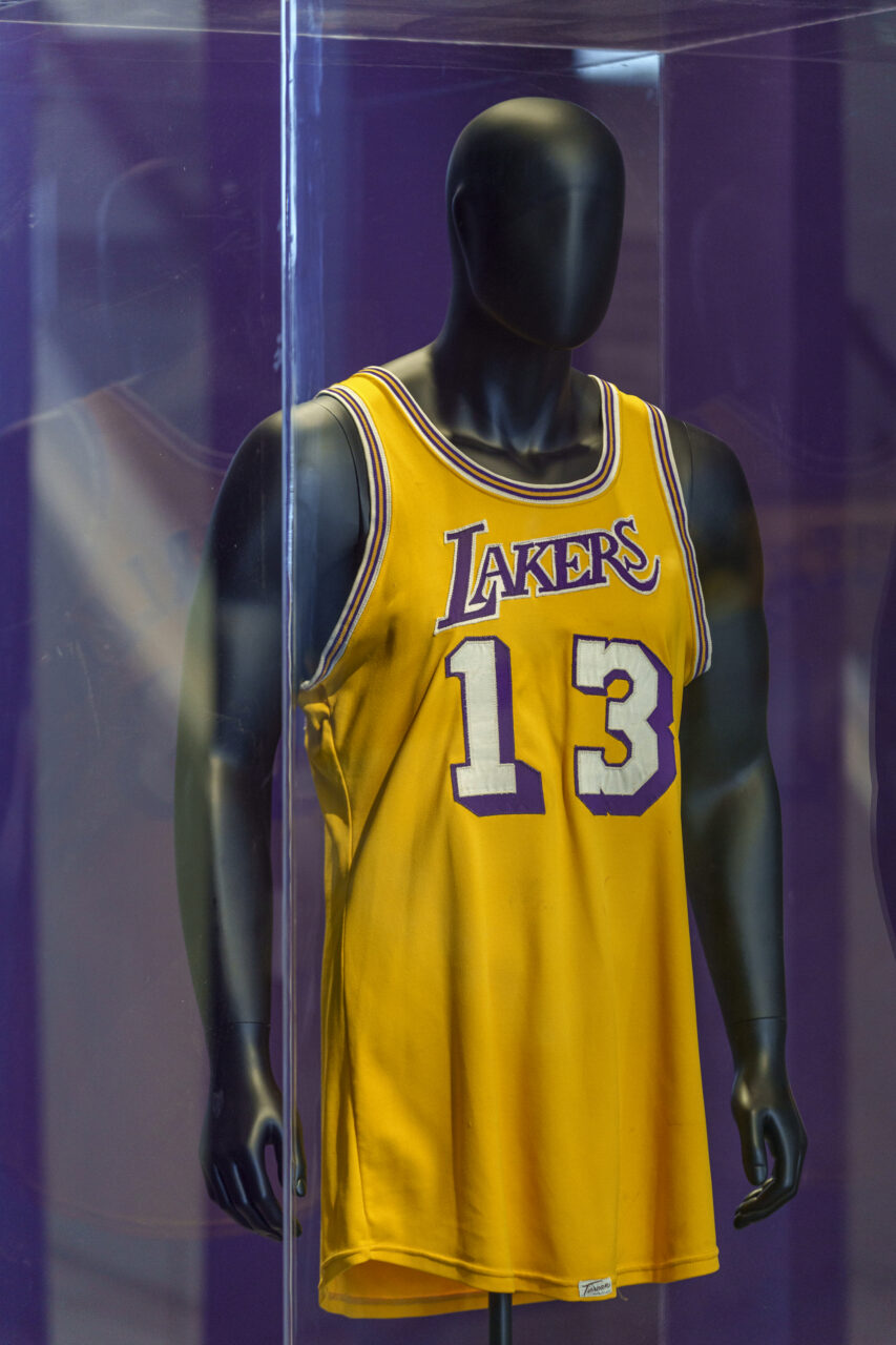 Wilt Chamberlain's 1972 NBA Finals 'Championship Clinching' Jersey is previewed at Sotheby's Los Angeles Gallery on Tuesday, Aug. 1, 2023, in Beverly Hills, Calif. The jersey is being offered along with a collection of memorabilia in an online sale Aug. 28-Sept. 27. (AP Photo/Damian Dovarganes)