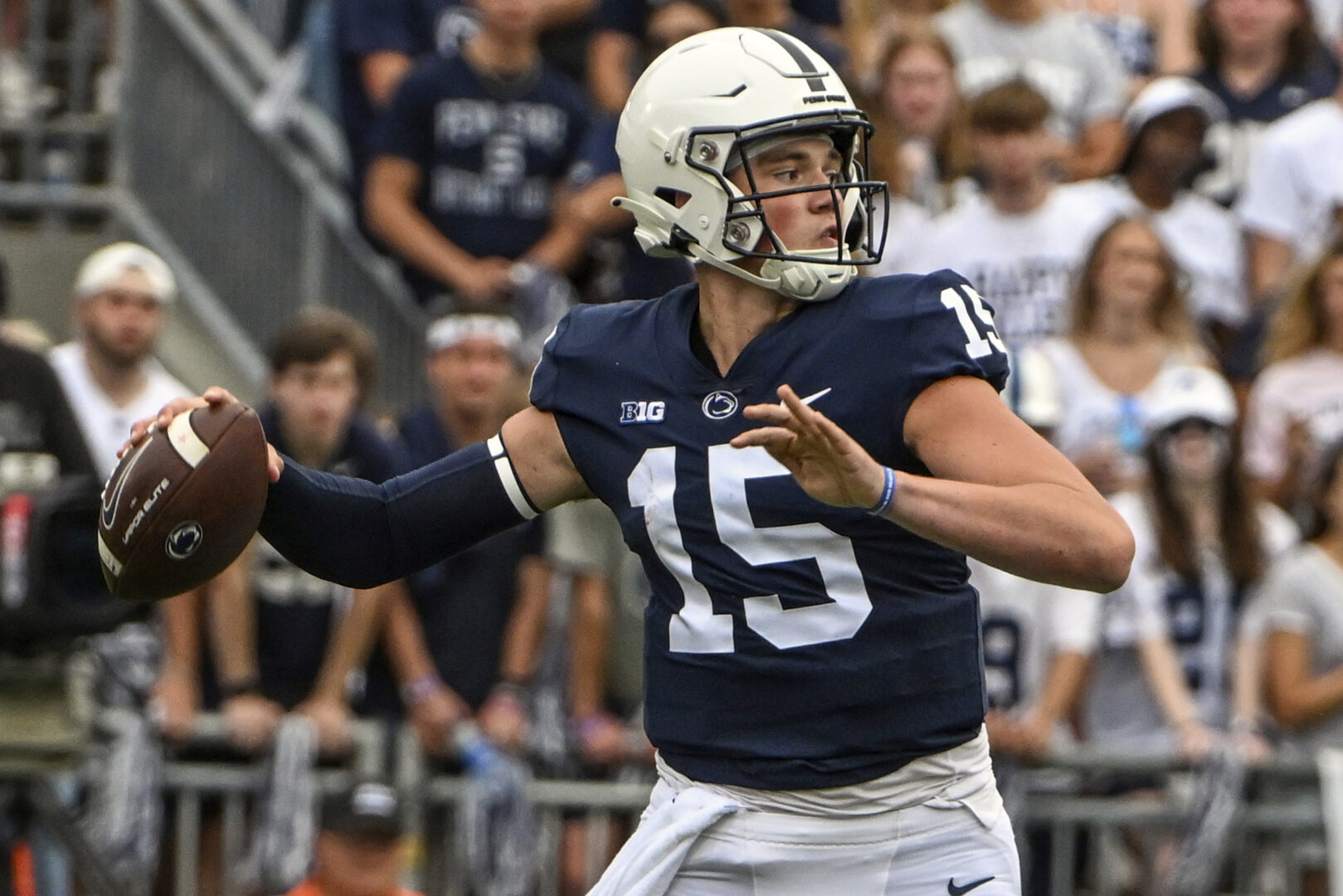 FILE - Penn State quarterback Drew Allar (15) looks to pass against Ohio during the second half of an NCAA college football game, Saturday, Sept. 10, 2022, in State College, Pa. Penn State opens their season at home against West Virginia on Sept. 2. (AP Photo/Barry Reeger, File)