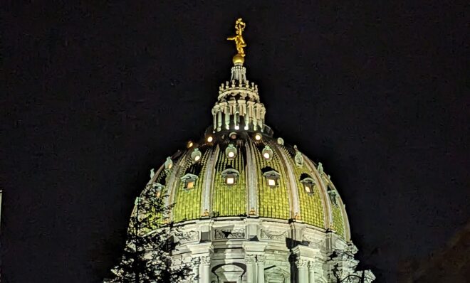The state capitol as seen at night on Aug. 24, 2023.