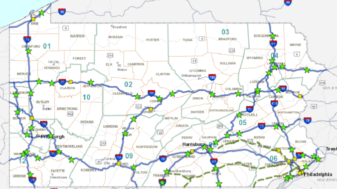 Screenshot of map showing electric vehicle charging stations coming to Pennsylvania as part of the the Pennsylvania NEVI State Plan. Green stars represent new stations while yellow boxes represent existing NEVI stations.
