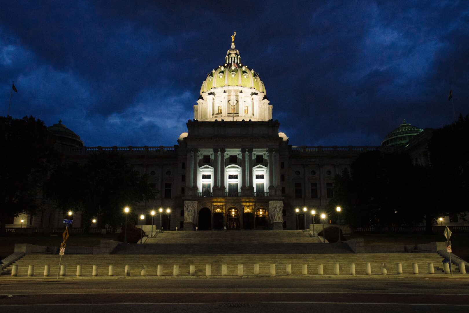 View of the south side of the Pennsylvania State Capitol Complex at night.