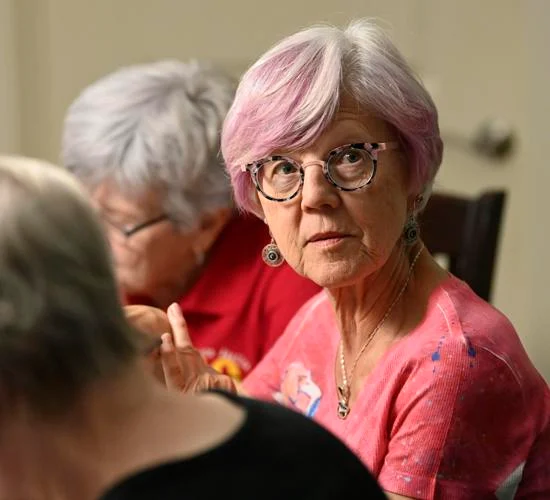 Margaret Thorn answers a question during a Grandmas for Love meeting in Lititz Wednesday Aug. 30, 2023. (Chris Knight/ LNP | LancasterOnline) 
