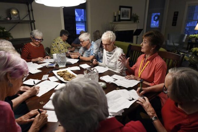 Joyce Nolt, right, talks about her motivation during a Grandmas for Love meeting in Lititz Wednesday Aug. 30, 2023.