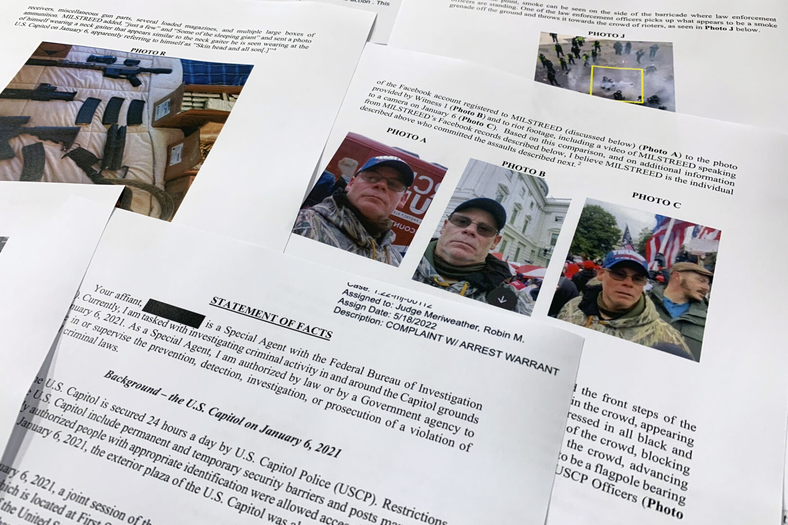 FILE - The statement of facts to support the arrest warrant for Rodney Milstreed of Finksburg, Md., is photographed Tuesday, May 24, 2022 in Washington. (AP Photo/Jon Elswick, File)