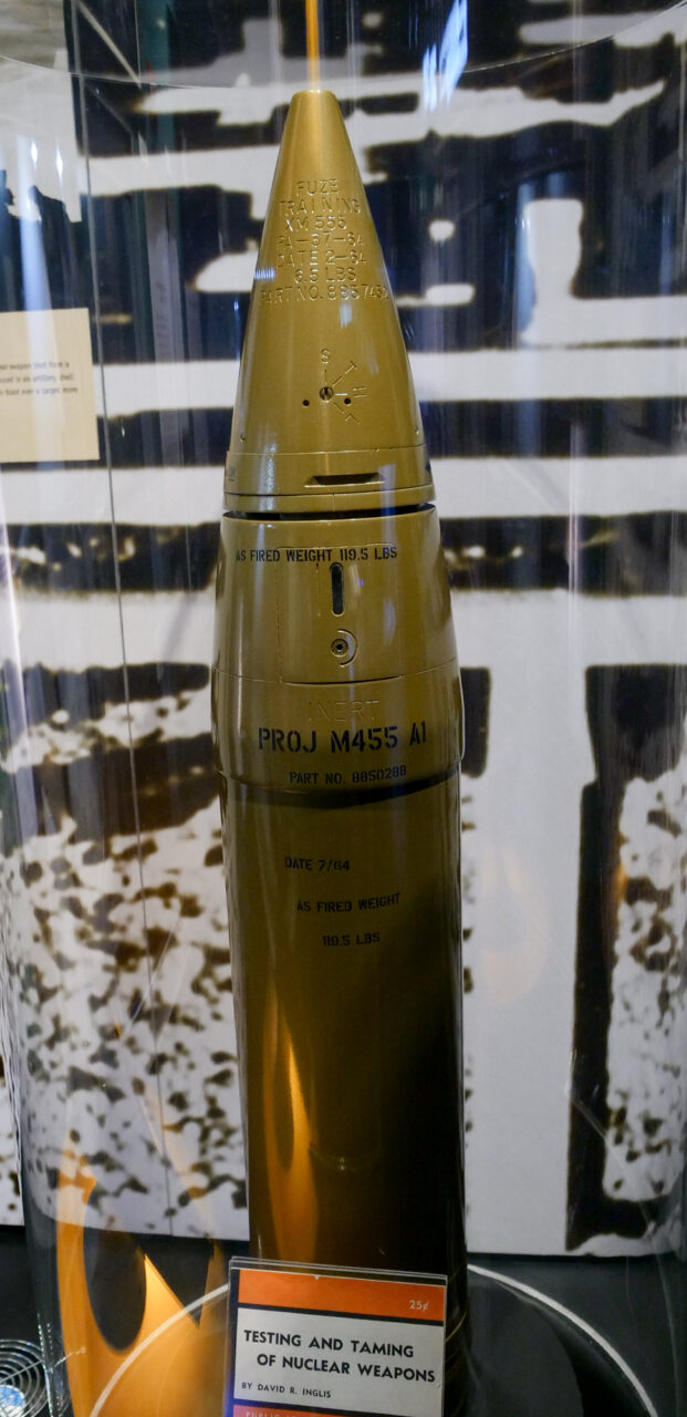 A replica of the atomic shell that was fired from the atomic canon on display at the Atomic Museum in Las Vegas, Nevada on July 21, 2023