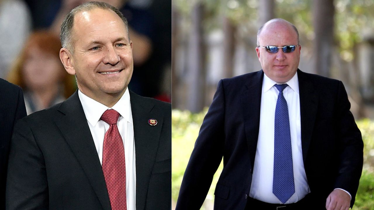 Composite photo. 

Left, In this 2019 photo from the Giant Center in Hershey, Lancaster County Congressman Lloyd Smucker shakes hands with then-President Donald Trump during a campaign rally.
(Chris Knight LNP | LancasterOnline)
Right: In this 2006 photo, Adam Kidan arrives at the federal courthouse in Miami for sentencing on conspiracy and fraud charges. (AP Photo) 