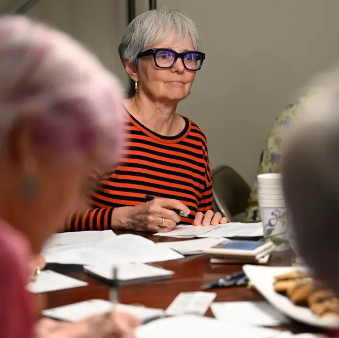 Shirley Showalter talks to the group during a Grandmas for Love meeting in Lititz Wednesday Aug. 30, 2023.