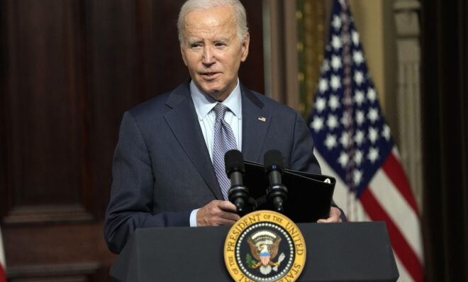 FILE - President Joe Biden speaks during a roundtable with Jewish community leaders in the Indian Treaty Room on the White House complex in Washington, Wednesday, Oct. 11, 2023. The White House has selected the Philadelphia area and West Virginia for two regional hubs to produce and deliver hydrogen fuel, an important part of the Biden administration's clean energy plan, according to a person familiar with the plan. 