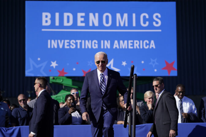 President Joe Biden arrives to speak at Tioga Marine Terminal, Friday, Oct. 13, 2023, in Philadelphia. (AP Photo/Evan Vucci)