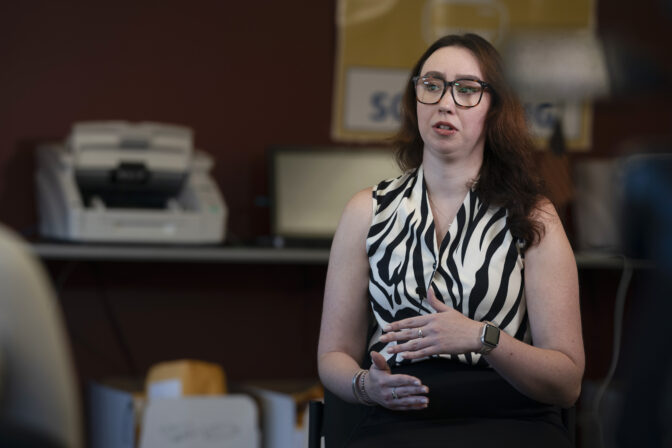 Emily Cook, Luzerne County deputy director of elections, speaks during an AP interview in Wilkes-Barre, Pa., Tuesday, Sept. 12, 2023. Cook received death threats during 2022 elections.