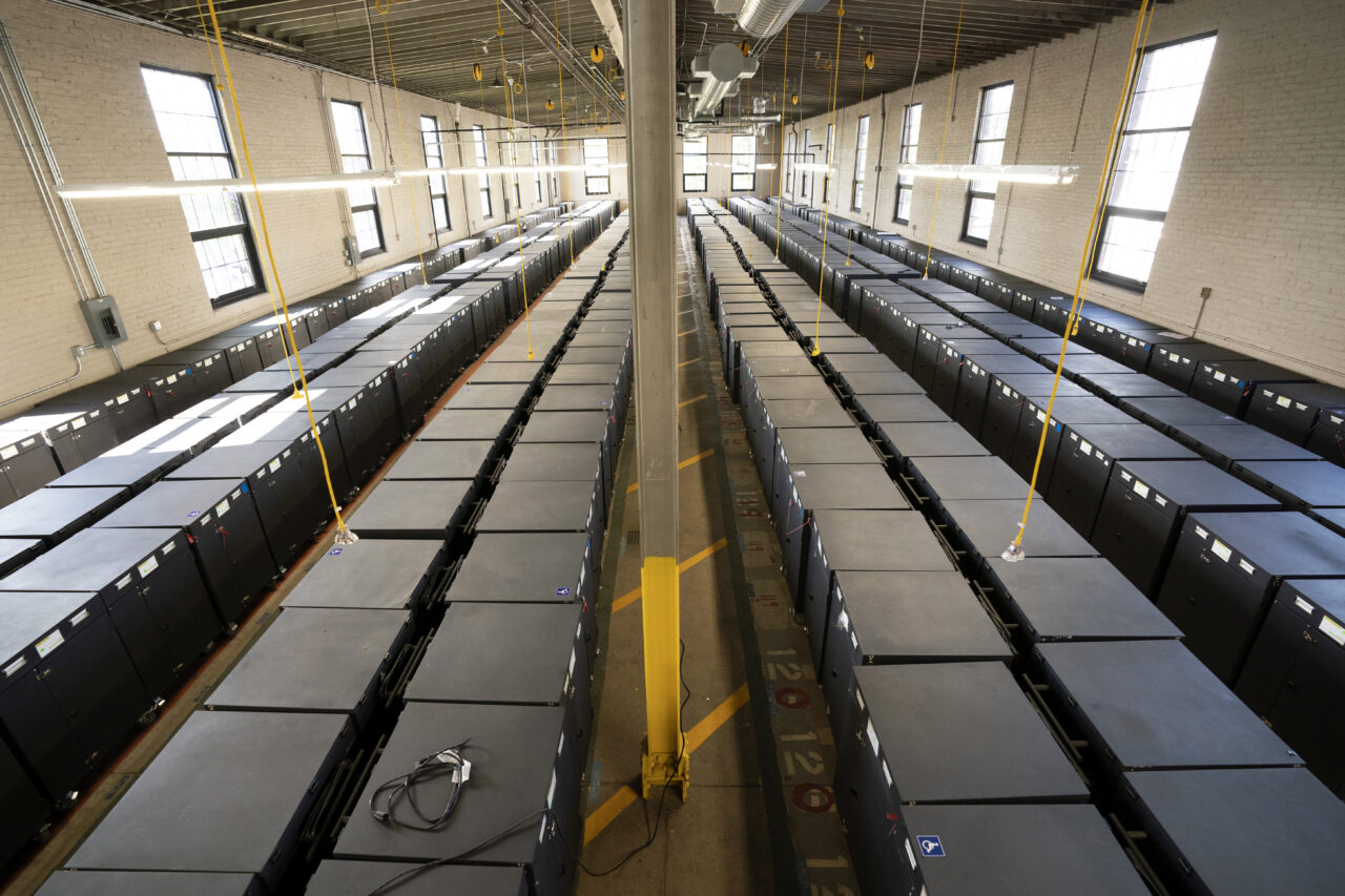 Rows of ballot marking devices are seen in Luzerne County's warehouse in Wilkes-Barre, Pa., Wednesday, Sept. 13, 2023. (AP Photo/Sait Serkan Gurbuz)