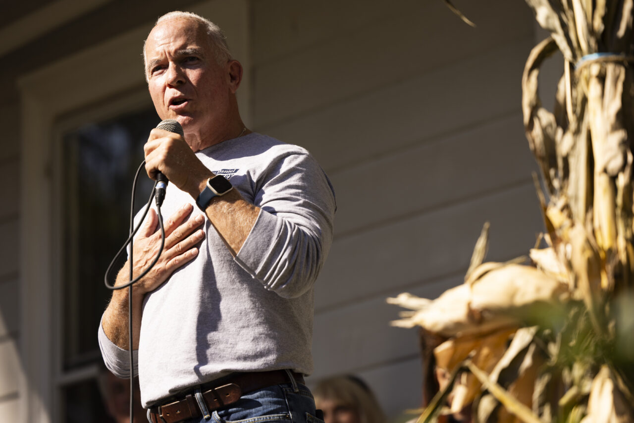 Candidate for the Pennsylvania Supreme Court, Judge Daniel McCaffery speaks to supporters at Snipes Farm in Morrisville, Pa., Saturday, Oct. 28, 2023. (AP Photo/Ryan Collerd)