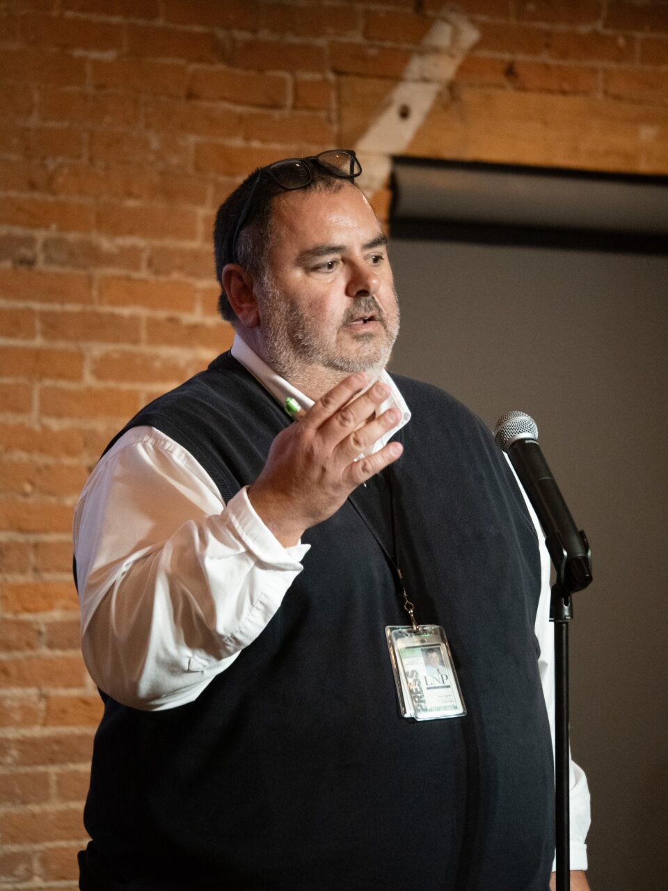 WITF vice president of journalism and LNP executive editor Tom Murse speaks to people at the News & Brews at the Lititz Shirt Factory on Thursday, Oct. 19, 2023.