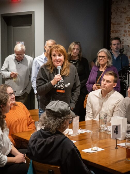 Shelly Chmil speaks at the News & Brews at the Lititz Shirt Factory on Thursday, Oct. 19, 2023.